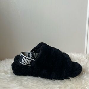 UGG Black Fluffy Slides with Logo Strap